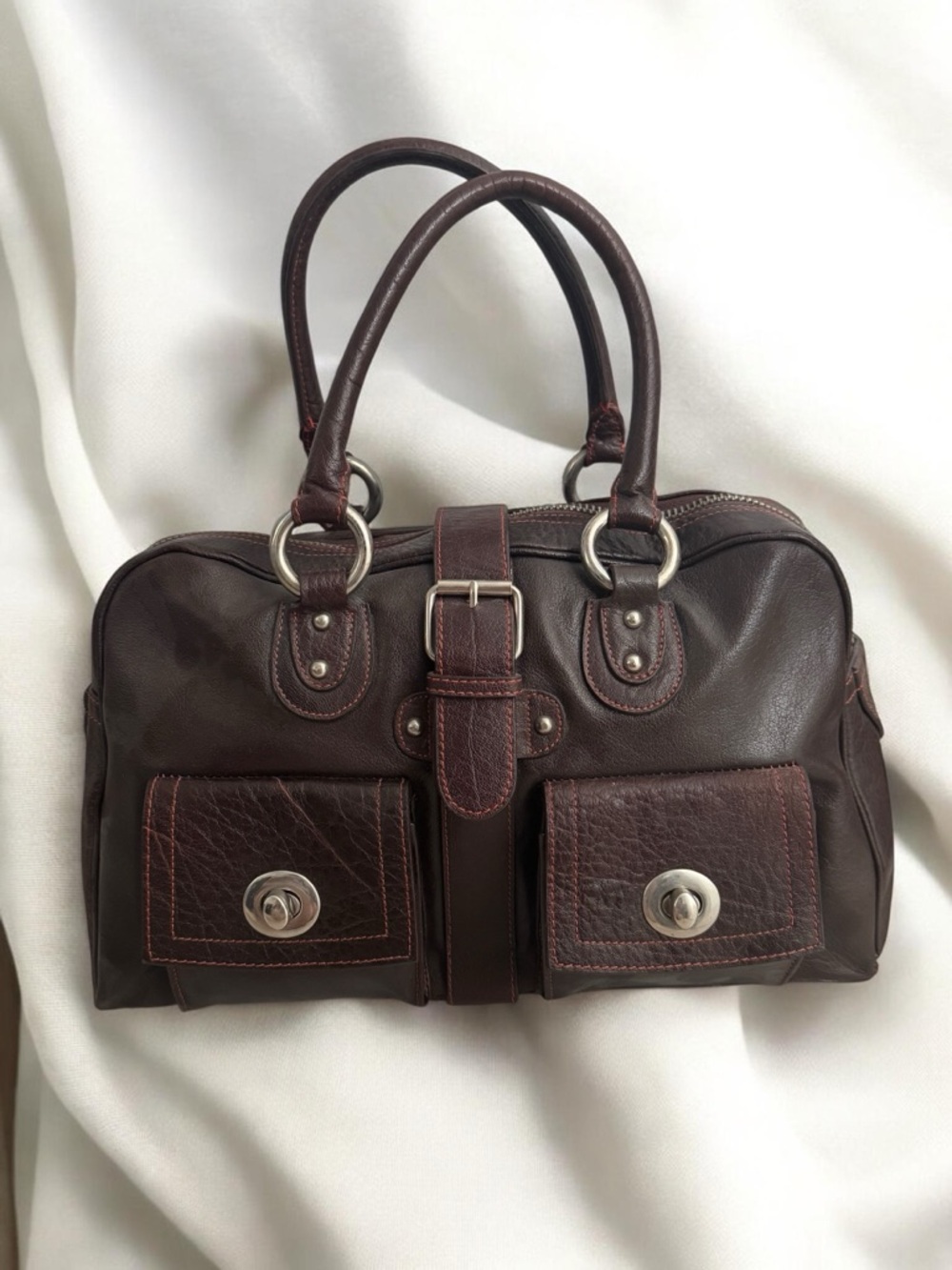 Women's Dark Brown Leather vintage inspired Double-Pocket Satchel Handbag